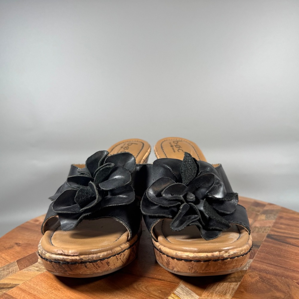 b.o.c. Born Concept Women 7M Black Leather Flower Wedge Slide Sandals Z13603 - Picture 2 of 7